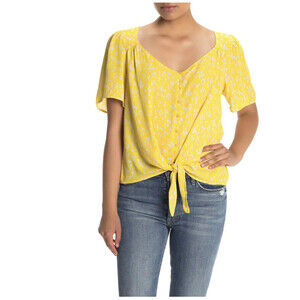 Lush V-Neck Short Sleeve Front Tie Blouse High Low Light Yellow-Ivory Size XS